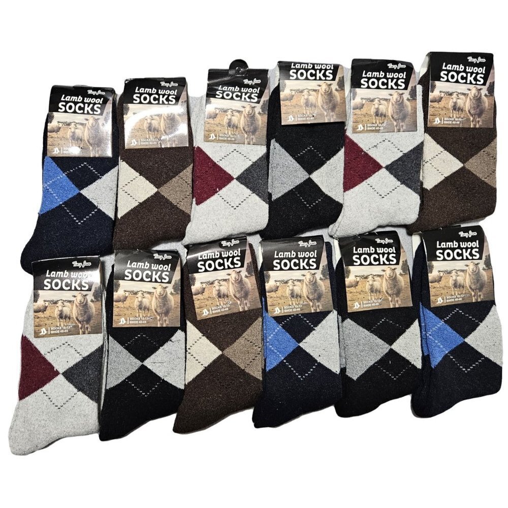 Men Wool Socks 10-13 Winter Lamb Wool Warm Crew Socks Classic Patterns 12-PAIRS